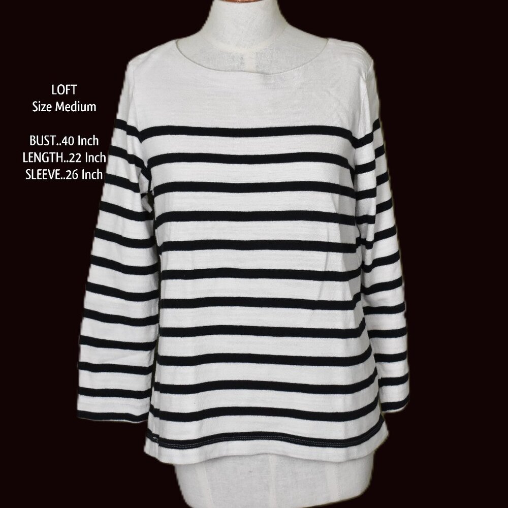 LOFT Pullover Top M Long Sleeve Black White Stripe Crew Neck